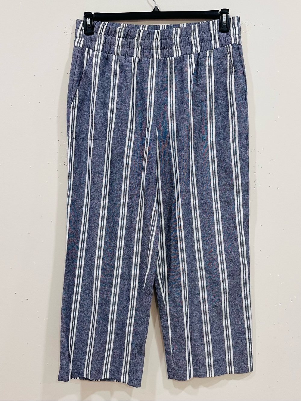 Land 'N Sea Women's Blue White Striped Linen Blend Wide Leg Pants Size L NWT